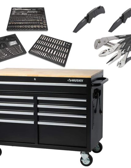 46 in. W x 24.5 in. D Standard Duty 9-Drawer Mobile Workbench Cabinet with Solid Wood Top in Gloss Black